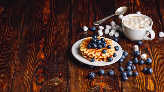 Waffles with Fresh Blueberry and Honey on Plate, Cup of Cocoa with Marshmallow.Copy Space on the Left.