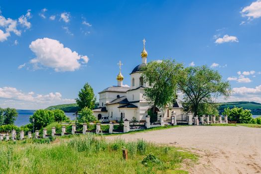 Church of St Constantine and Helena on rural island Sviyazhsk in Russia. Sunny Day with Cloudy Sky.