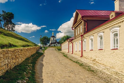 Road to the Church of St Constantine and Helena on rural island Sviyazhsk in Russia.