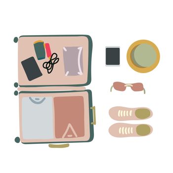 illustration top view luggage. Flat lay concept. Open packed suitcase. Advertising, poster, banner and web design.