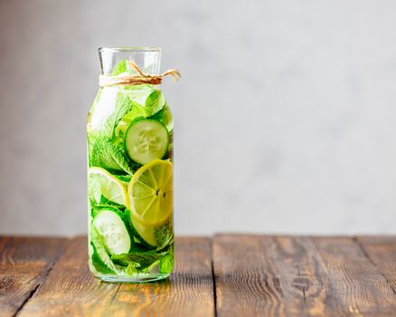 Detox Water Infused with Sliced Lemon, Cucumber and Sprigs of Mint. Copy Space on the Right.