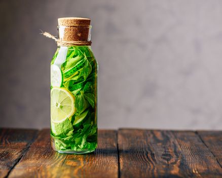 Detox Water Flavored with Sliced Lemon, Cucumber and Fresh Sprigs of Mint. Copy Space on the Right.