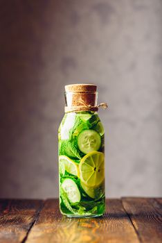 Detox Water Infused with Sliced Lemon, Cucumber and Fresh Sprigs of Mint. Copy Space on the Top. Vertical Orientation.