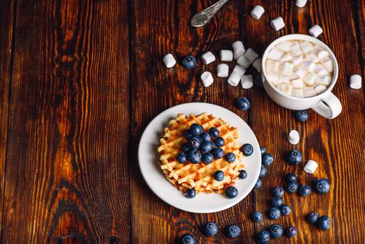 Homemade Waffles on White Plate with Fresh Blueberry and Cup of Hot Chocolate with Marshmallow. Copy space on the Left Side.