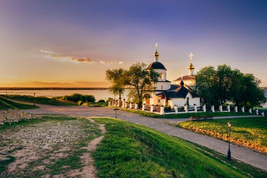 Church of St Constantine and Helena on rural island Sviyazhsk in Russia. Summer Sunset.