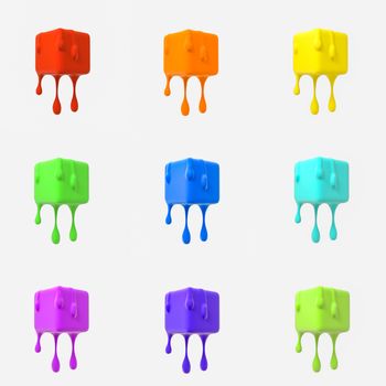 Colorful melting cube with liquid drop details, 3d rendering. Computer digital background.