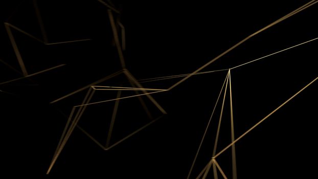 Gold lines on black background. Golden polygonal luxury network shine glitter design. 3D render