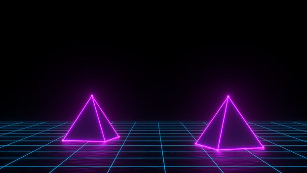 3d render of neon pyramid on grid background. Banner design. Retrowave, synthwave, vaporwave illustration.