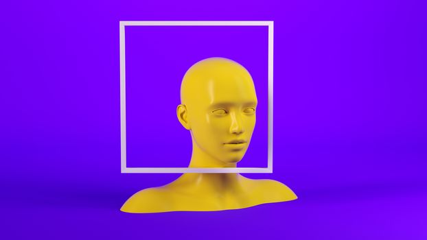 Abstract mannequin female head with white frame on background. Fashion woman. Yellow human face. 3d render