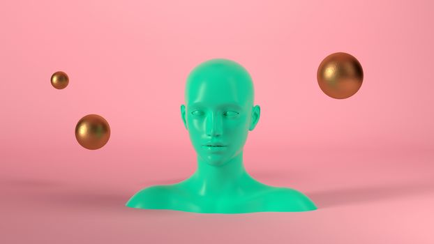 Abstract mannequin female head with golden spheres balls on background. Fashion woman. Green human face. 3d render