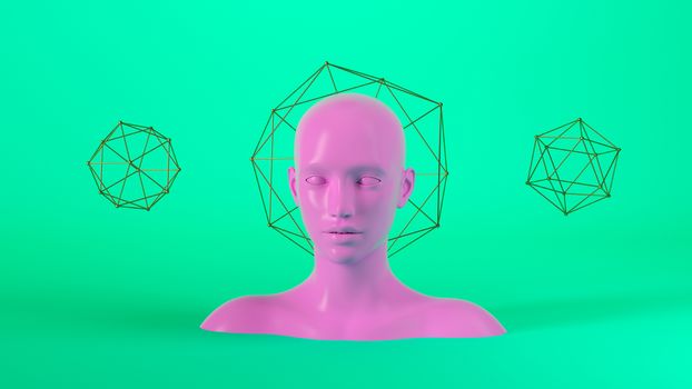 Abstract mannequin female head with golden geometric shapes on background. Fashion woman. Pink human face. 3d render