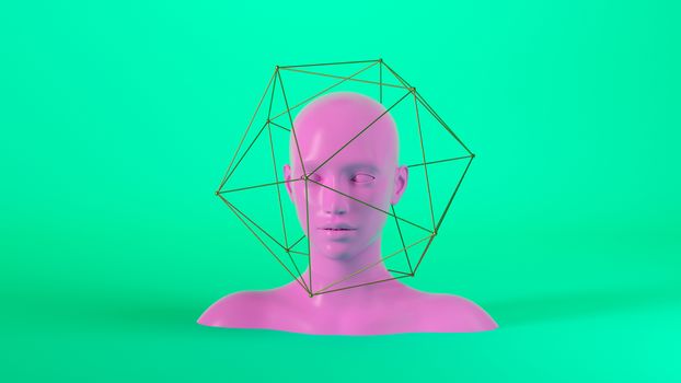 Abstract mannequin female head with golden geometric shapes on background. Fashion woman. Pink human face. 3d render