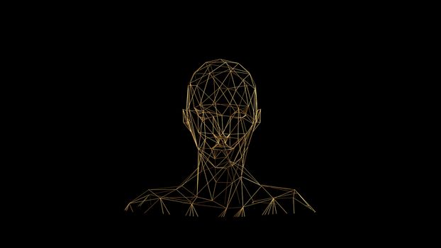 Gold lines on black background. Abstract human face head. Golden polygonal luxury network shine glitter design. 3D render