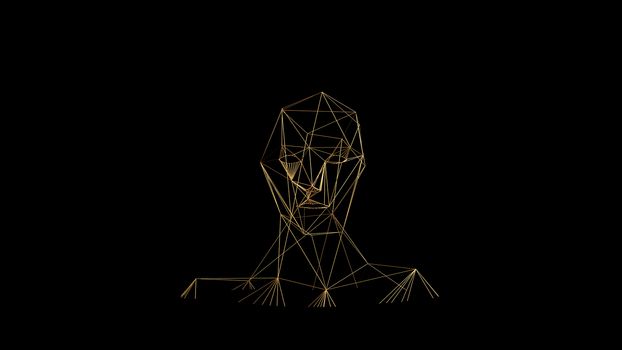 Gold lines on black background. Abstract human face head. Golden polygonal luxury network shine glitter design. 3D render