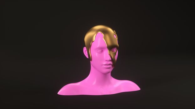 Abstract mannequin female head with golden liquid on background. Fashion woman. Pink human face. 3d render