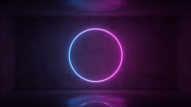 3d render of neon circle frame on background in the room. Banner design. Retrowave, synthwave, vaporwave illustration. Party and sales concept