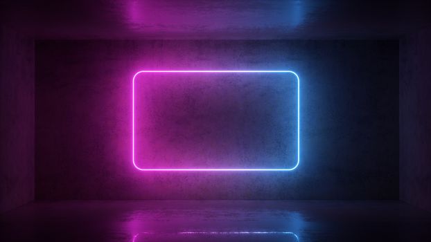 3d render of neon frame on background in the room. Banner design. Retrowave, synthwave, vaporwave illustration. Party and sales concept