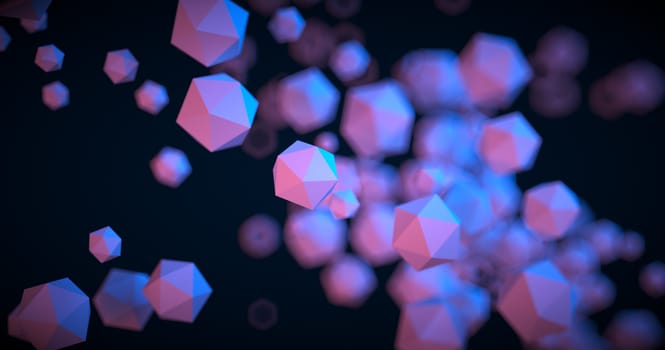 Abstract black background with geometric shapes, depth of field and bokeh. Neon futuristic backdrop. 3D render