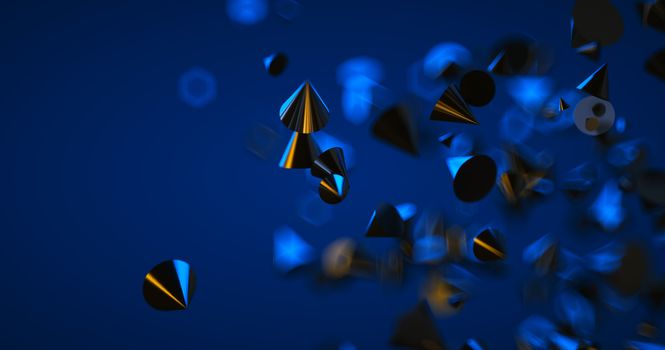 Abstract black background with geometric shapes, depth of field and bokeh. Neon futuristic backdrop. 3D render