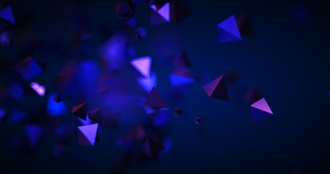 Abstract black background with geometric shapes, depth of field and bokeh. Neon futuristic backdrop. 3D render