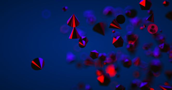 Abstract black background with geometric shapes, depth of field and bokeh. Neon futuristic backdrop. 3D render