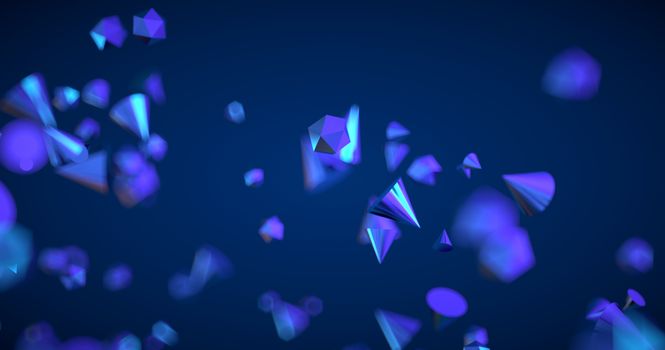 Abstract black background with geometric shapes, depth of field and bokeh. Neon futuristic backdrop. 3D render