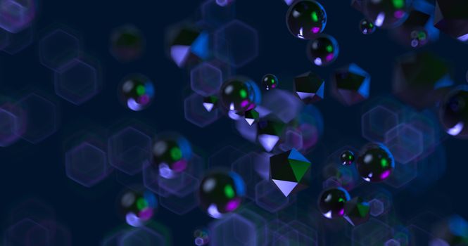 Abstract black background with geometric shapes, depth of field and bokeh. Neon futuristic backdrop. 3D render