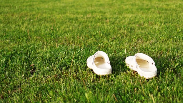 Pair of white flipflops in grass background - Summertime