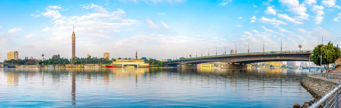 Panorama of the Nile River, view of the Cairo city