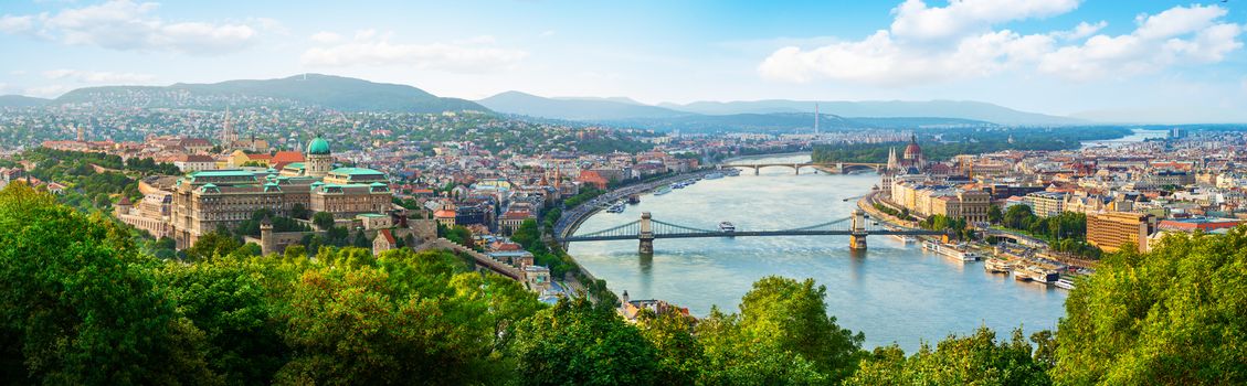 Panoramic view from above on landmarks of Budapest at summer sunset, Hungary