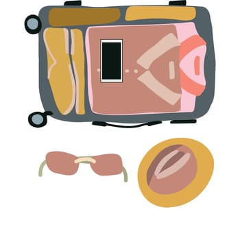 illustration top view luggage. Top view luggage with hat and sunglasses. Open packed suitcase. Advertising, poster, banner and web design.