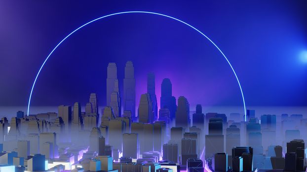 City in fog. Atmospheric emissions or explosion. 3D illustration. Concept of air pollution or military action