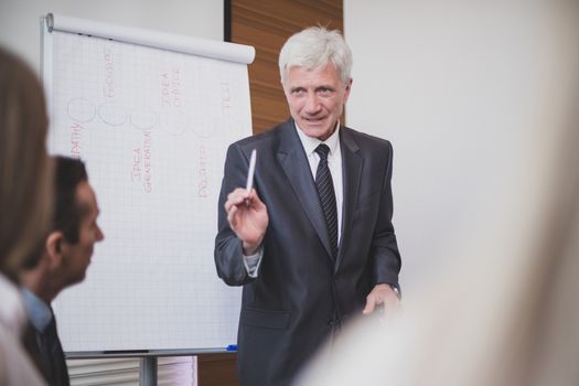 Business man speaking on seminar , whiteboard or flipchart on background