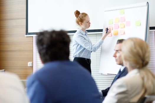 Team at business meeting in office planning creative with sticky notes