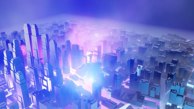 City in fog. Atmospheric emissions or explosion. 3D illustration. Concept of air pollution or military action