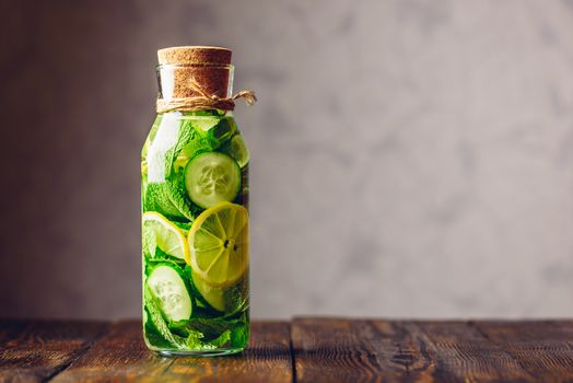 Cleansing Water Infused with Sliced Lemon, Cucumber and Fresh Sprigs of Mint. Copy Space on the Right.