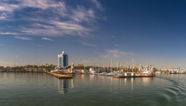 Odessa, Ukraine - 08.28.2018. Coast of Odessa city, Ukraine. Panoramic view from the sea in a sunny summer day.