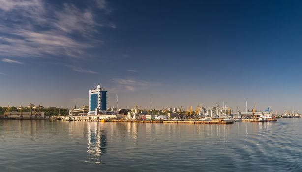 Odessa, Ukraine - 08.28.2018. Coast of Odessa city, Ukraine. Panoramic view from the sea in a sunny summer day.