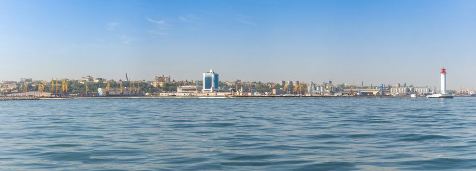 Odessa, Ukraine - 08.28.2018. Coast of Odessa city, Ukraine. Panoramic view from the sea in a sunny summer day.