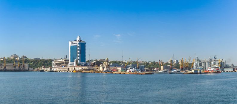 Odessa, Ukraine - 08.28.2018. Coast of Odessa city, Ukraine. Panoramic view from the sea in a sunny summer day.