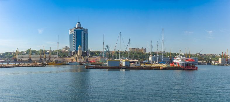 Odessa, Ukraine - 08.28.2018. Coast of Odessa city, Ukraine. Panoramic view from the sea in a sunny summer day.