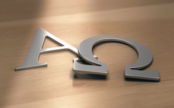 3d illustration of alpha and omega symbols, first and last letters of the greek alphabet.