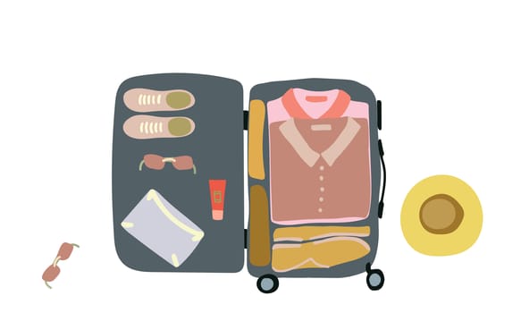 illustration top view luggage. open packed suitcase. Advertising, poster, banner and web design. white background