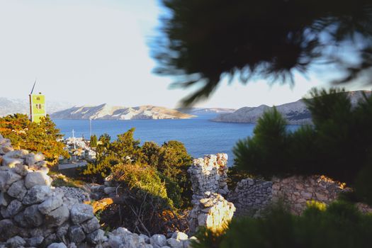 Summer bay shore in the Adriatic sea, Croatia. View from the hill