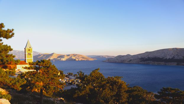 Summer bay shore in the Adriatic sea, Croatia. View from the hill