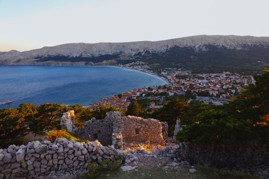 Summer city on a bay shore in the Adriatic sea, Croatia. View from the hill