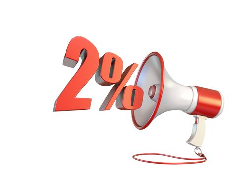 2 percent sign and megaphone 3D rendering illustration isolated on white background