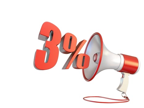 3 percent sign and megaphone 3D rendering illustration isolated on white background