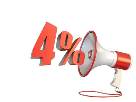 4 percent sign and megaphone 3D rendering illustration isolated on white background