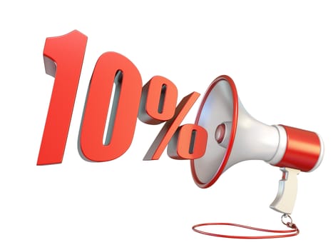 10 percent sign and megaphone 3D rendering illustration isolated on white background
